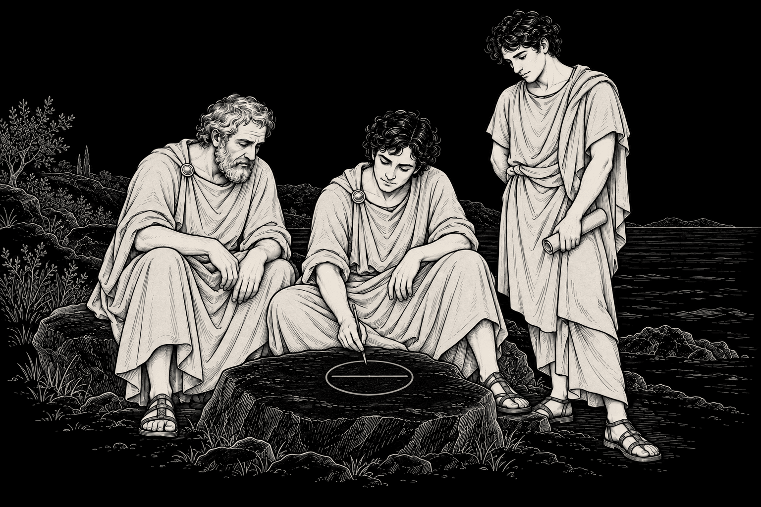 Thales and Anaximenes exchanging ideas while Anaximander crouches between them, drawing on a flat stone a jade drum-shaped Earth hanging in empty space with nothing beneath it.