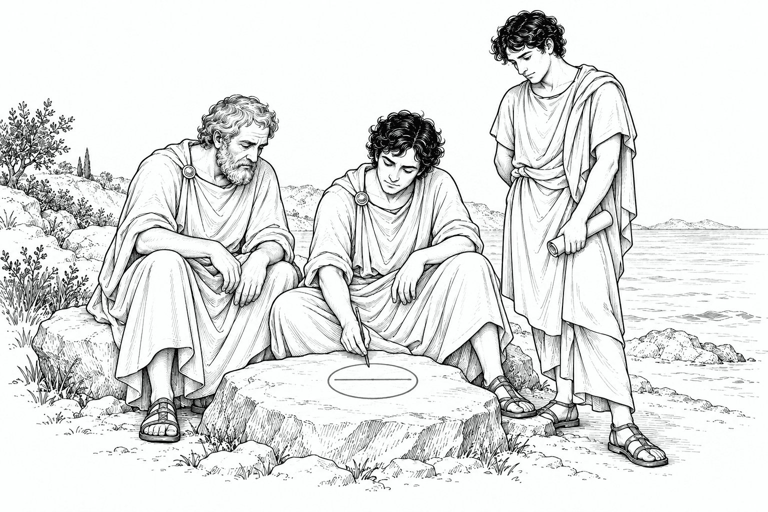 Thales and Anaximenes exchanging ideas while Anaximander crouches between them, drawing on a flat stone a jade drum-shaped Earth hanging in empty space with nothing beneath it.