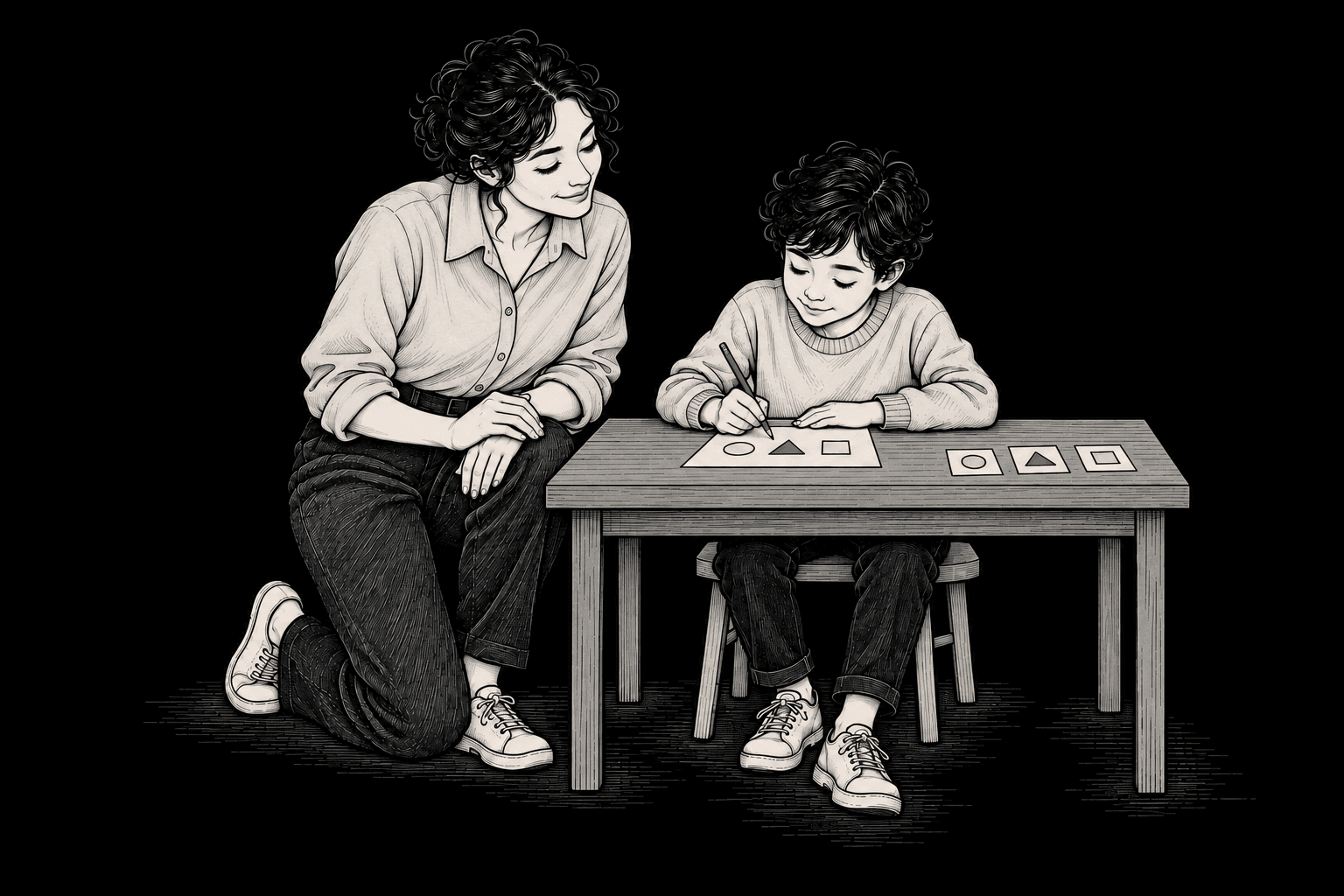 A tutor kneeling beside a child who works through a shape puzzle at a low table, her hands resting as she watches.