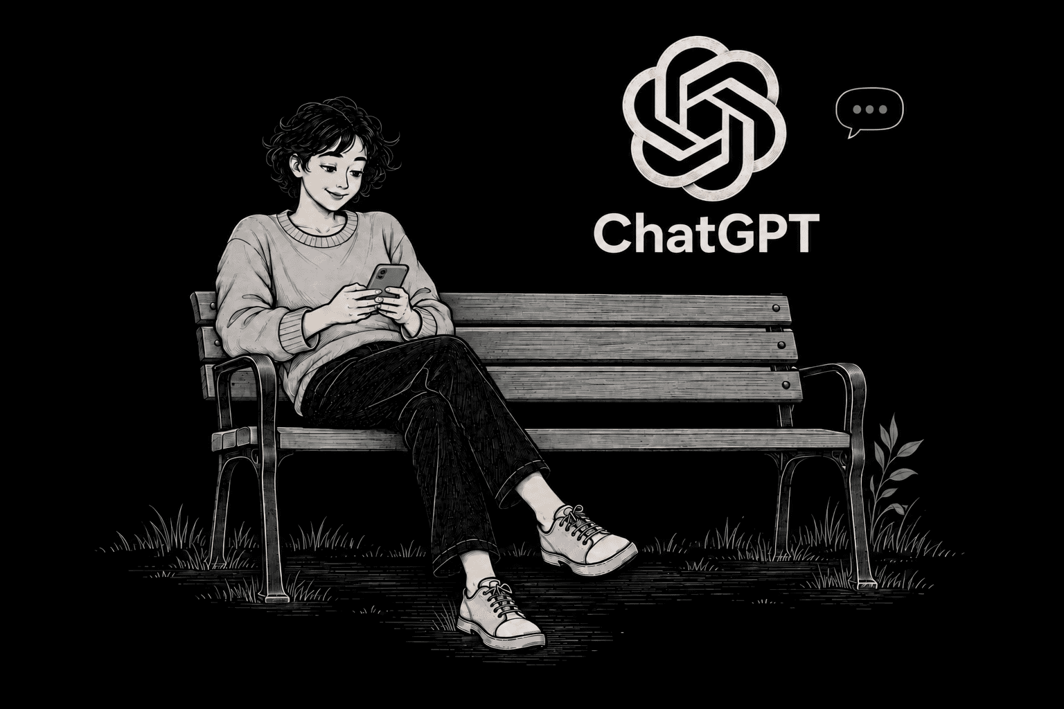 A woman relaxing on a park bench with a phone in both hands, beneath a large illustrated ChatGPT logo and name, and a reply bubble with three jade dots.