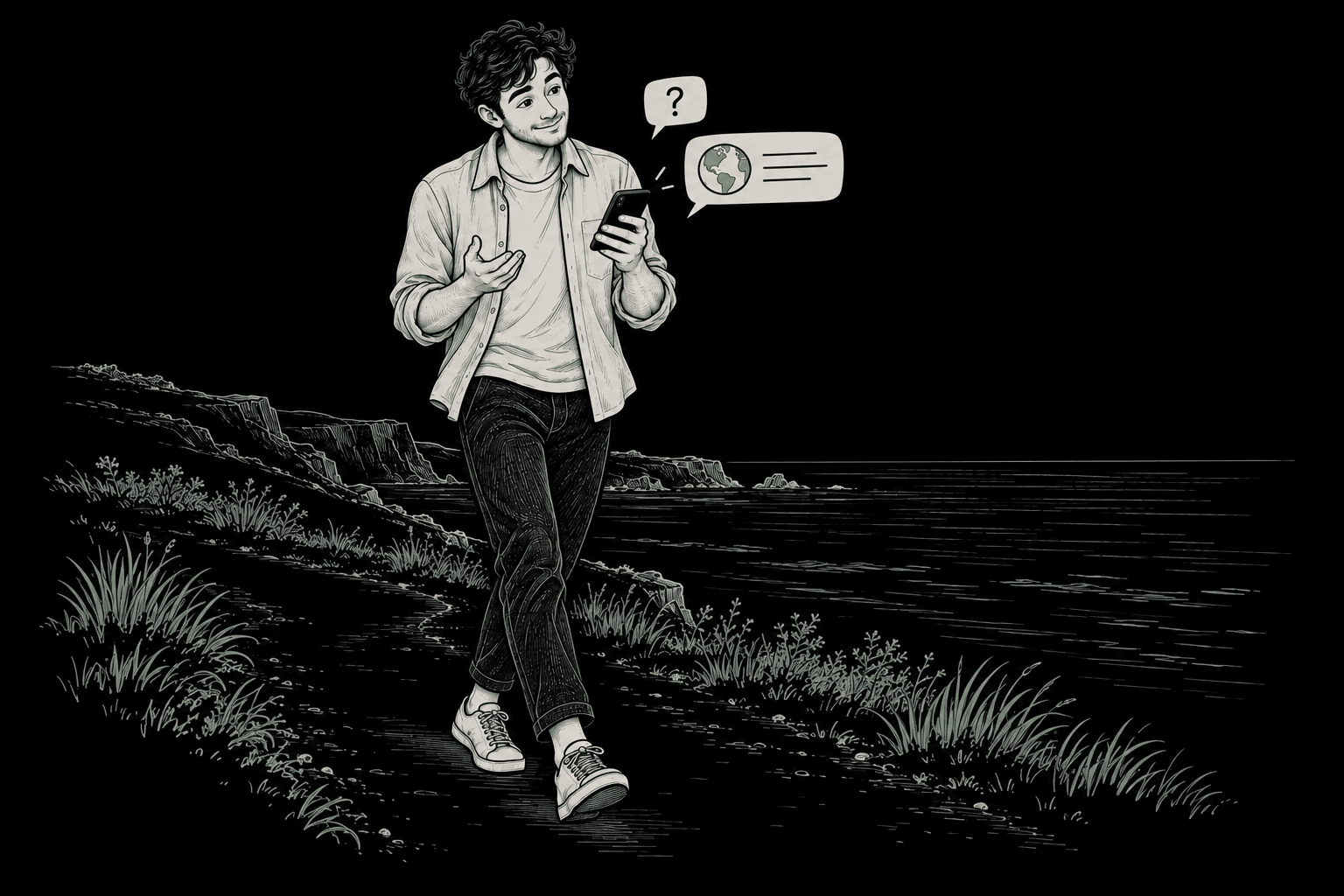 A man walking along a coastal path while asking questions on his phone, with a question bubble and a globe reply above him.