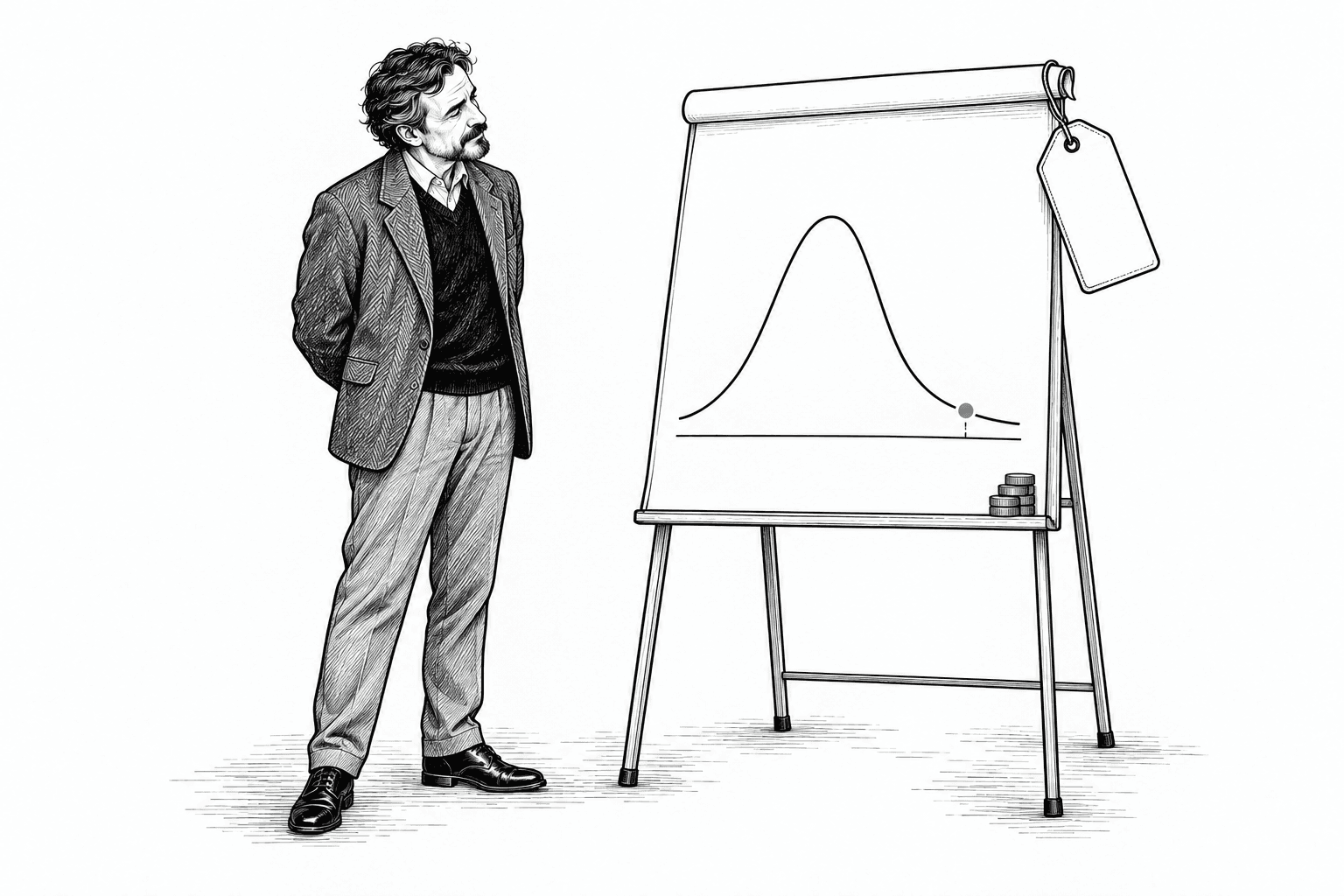 An educator with hands behind his back studying a bell curve with a jade mark on its right tail, a blank price tag and a small stack of coins.