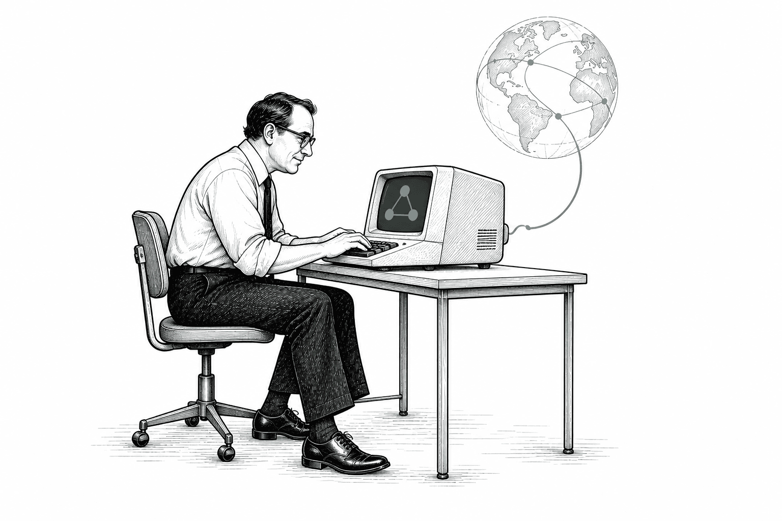 A man typing at an early computer terminal, with a jade cable connecting it to a lightly drawn globe.