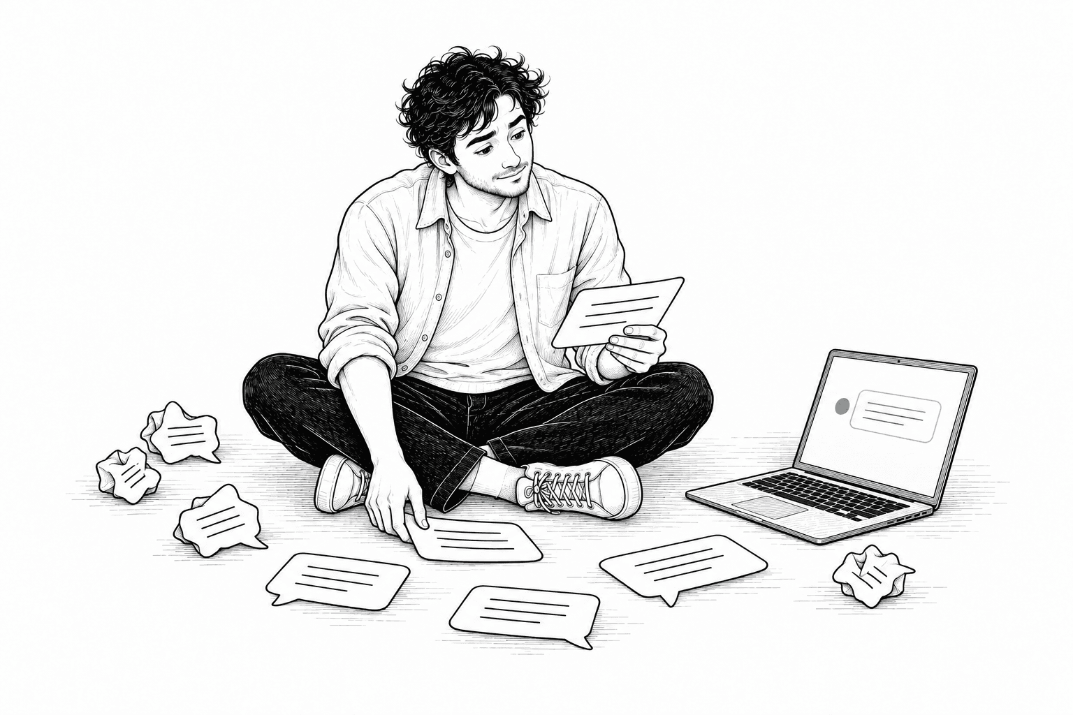 The man from the coastal walk, in his open overshirt, sitting cross-legged and comparing repeated chat answers beside a laptop.