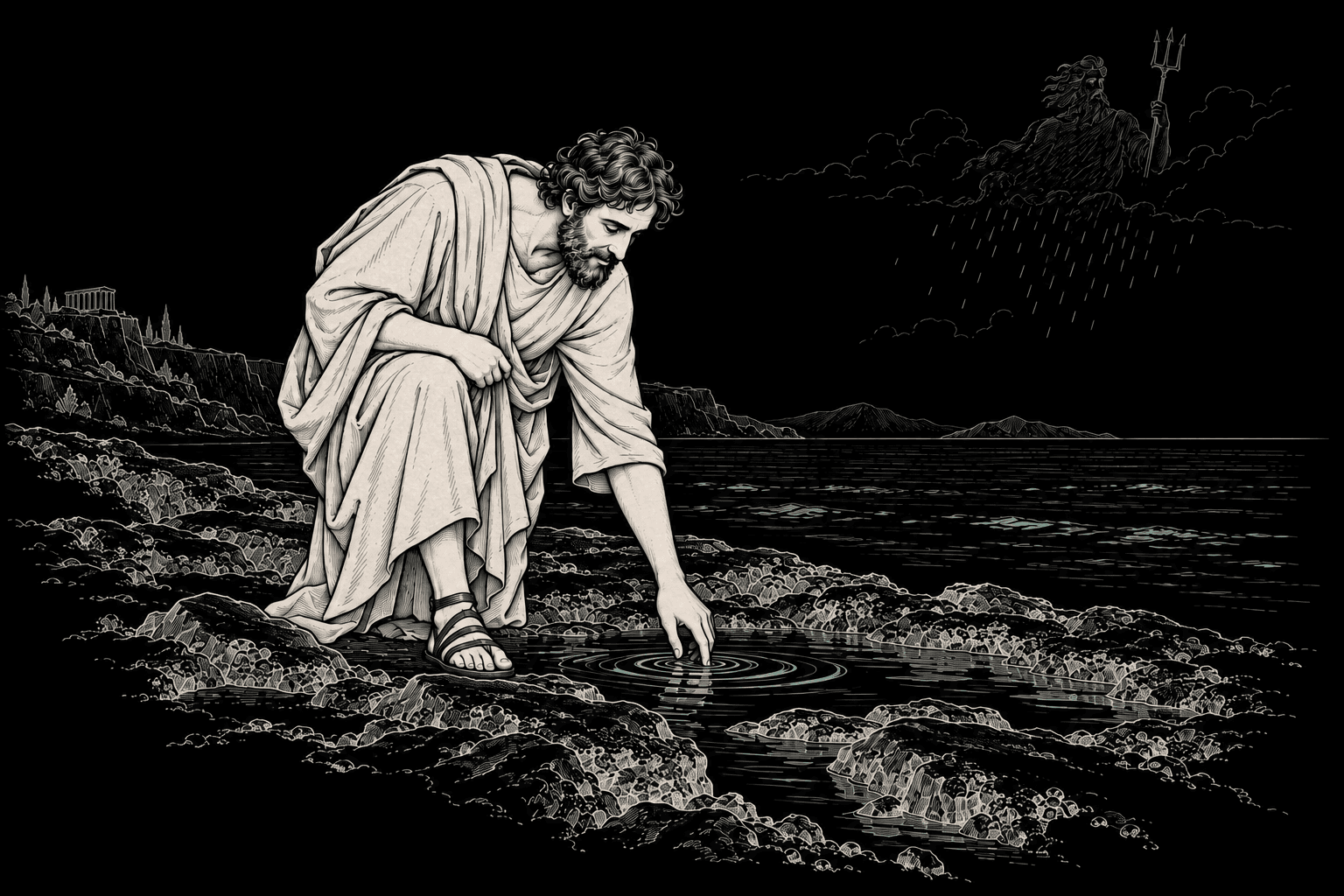 A bearded man studying the sea, while above him a faint, fading Poseidon dissolves into rain.