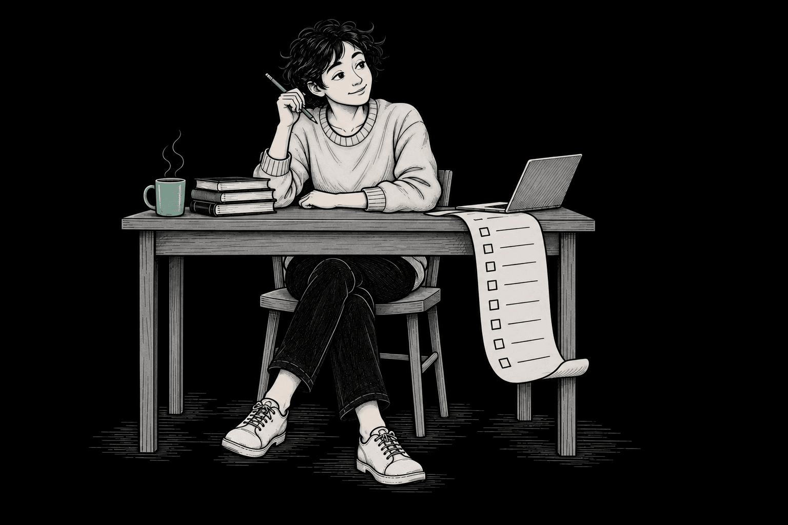 A woman contemplating at a desk with a raised pencil, three books, a jade mug, a small laptop and a short unchecked learning list.