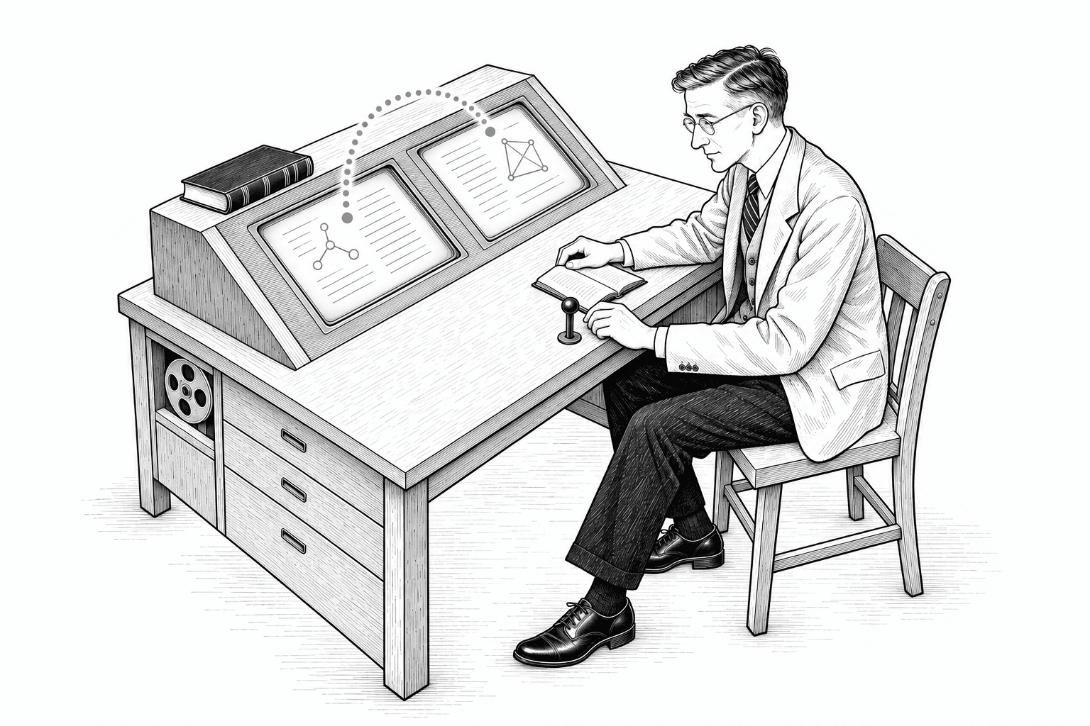 Vannevar Bush seated at a wooden memex desk with two inset reading screens and a lever under his hand, a jade dotted trail linking pages across the screens.