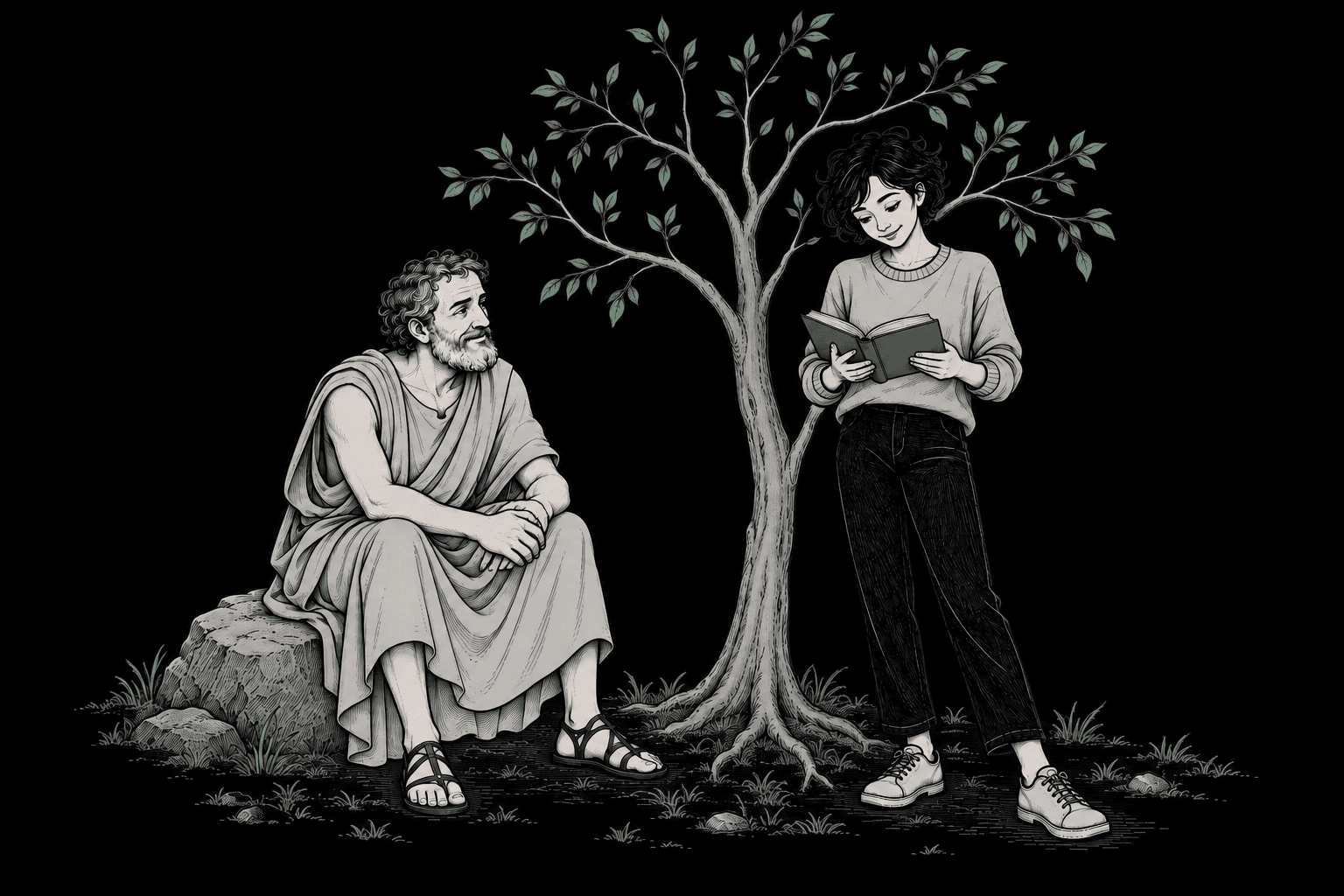 The woman reading a jade book beside a growing tree, with Thales seated nearby watching her learn.