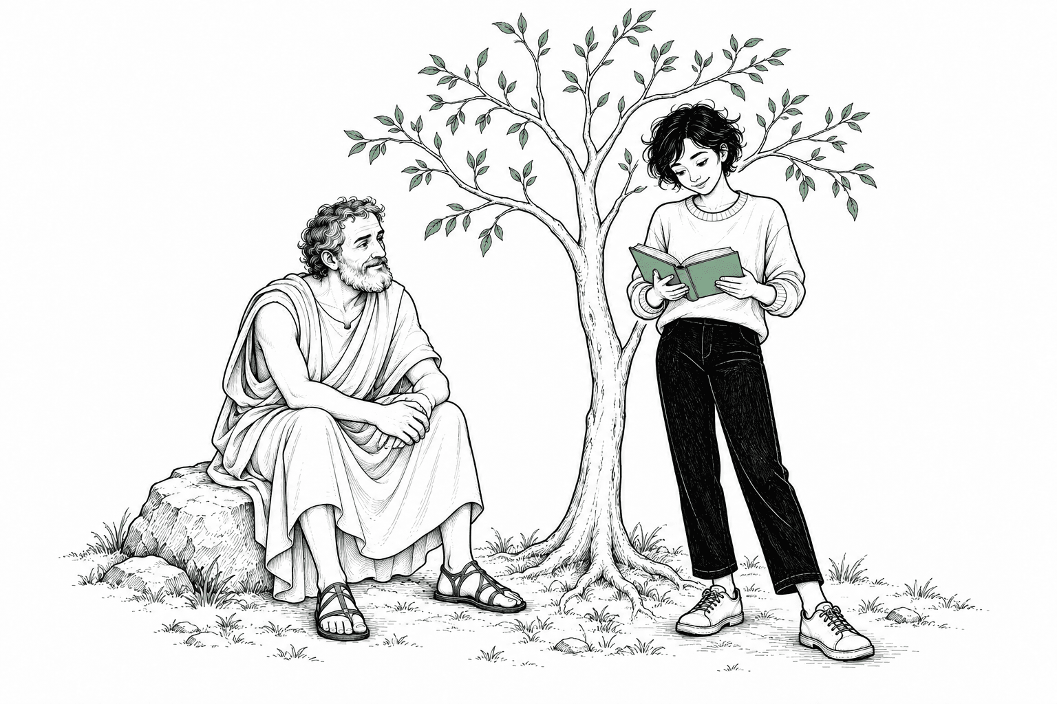 The woman reading a jade book beside a growing tree, with Thales seated nearby watching her learn.