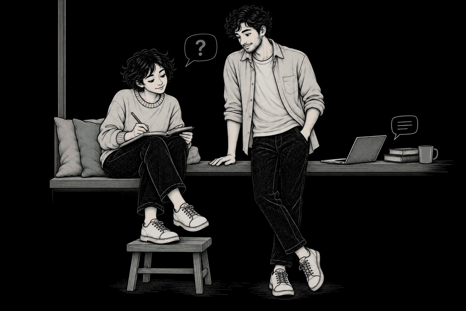 The woman writing in a notebook on a window seat while the man listens beside her, with a jade question mark between them.