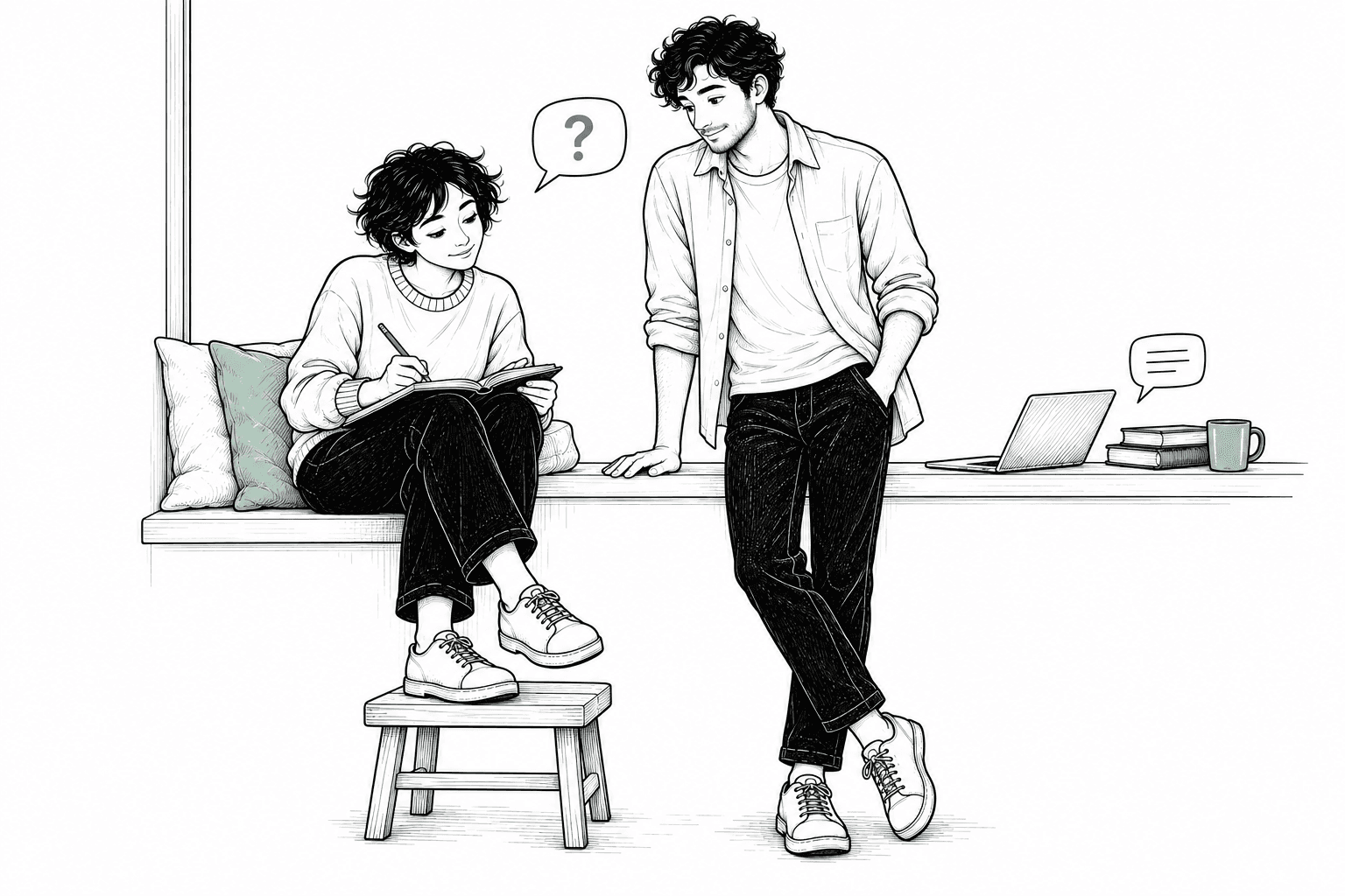 The woman writing in a notebook on a window seat while the man listens beside her, with a jade question mark between them.