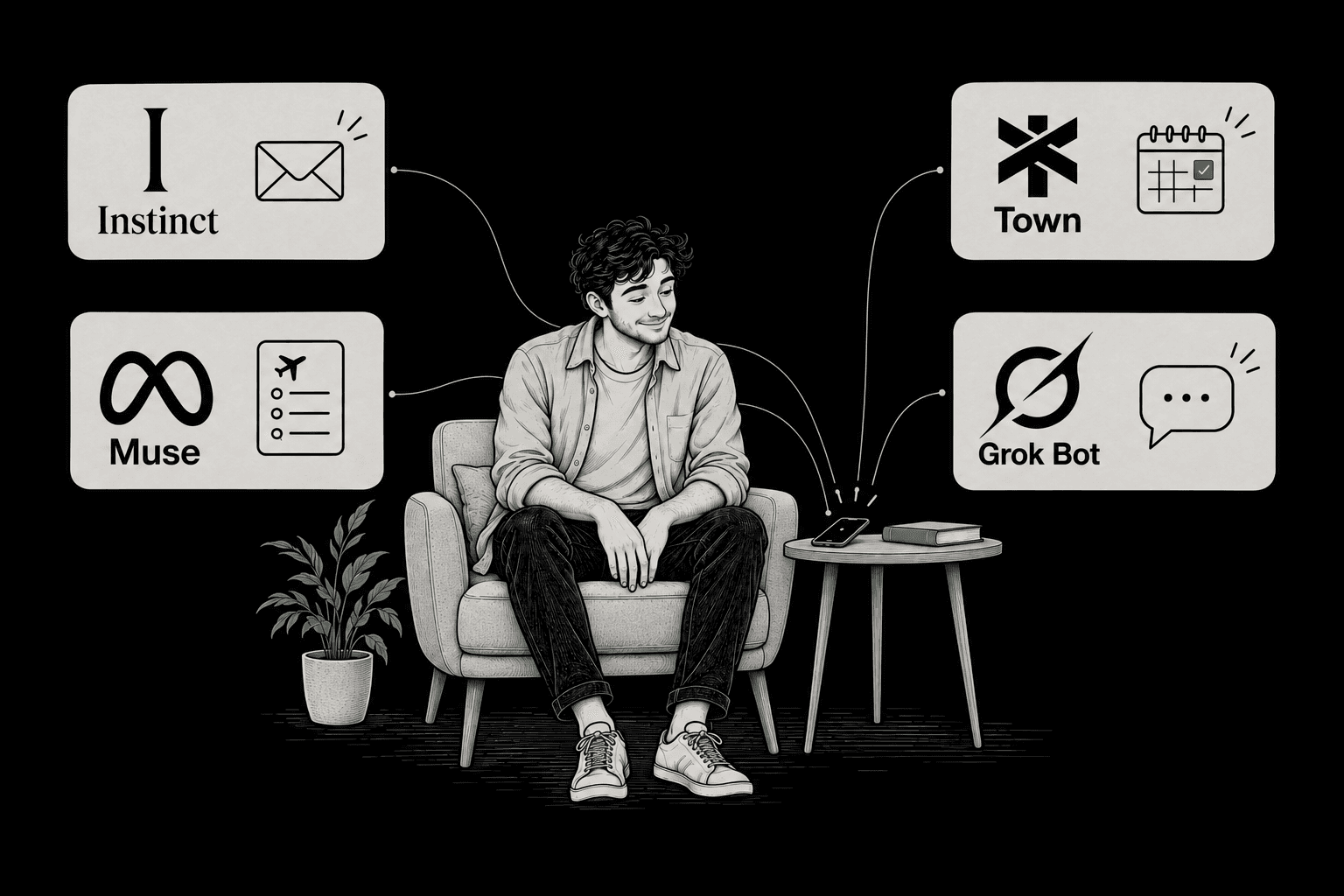 The man surrounded by named Instinct, Town, Muse and Grok Bot panels, with their brand marks and everyday task icons connected to his phone.